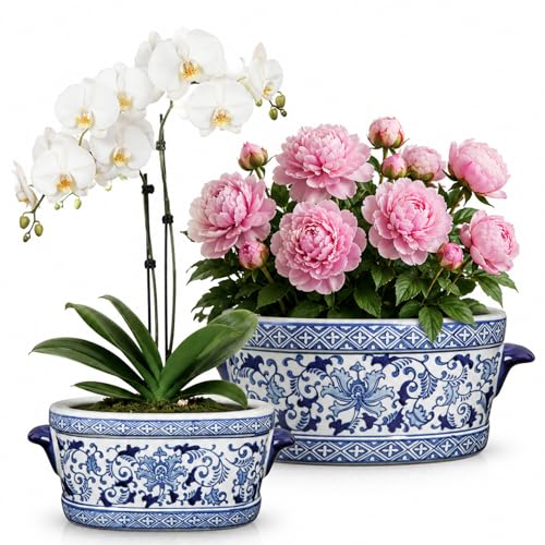 Blue and White Ceramic Planter Pot – Vintage Floral Oval Cachepot Vase for Indoor Plants, Flowers & Succulents – Glazed Porcelain Style Chinoiserie Décor – 7.4" and 10.6" Size – No Drainage - size: 7.4" & 10.6" Blue Floral