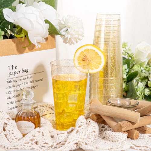 I00000 16 oz Gold Plastic Cups, 50 Pack Gold Glitter Plastic Cups Tumblers Disposable Party Cup Wedding Cup, Heavy-duty Plastic Disposable Glasses Ideal for Birthday, Wedding & Party - color: Glitter-16oz-50