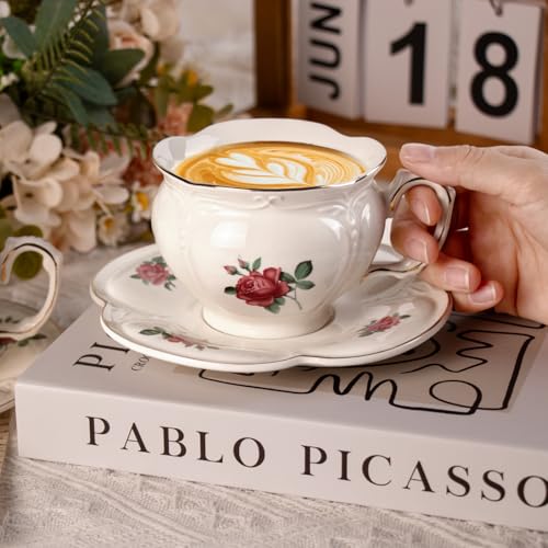 KAMMAK Tea Cups and Saucers Set of 2, 6.8 oz Porcelain Coffee Cups, 564N | Stackable Espresso Mugs, Ceramic Demitasse for Coffee, Cappuccino, Latte, Americano, Tea - size: 7KPSP564N