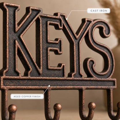 Comfify Copper-Black Cast Iron Key Holder for Wall – Keys Sign with 4 Hooks | Warm copper and black antique finish; mounting hardware included; entryway, hallway or door; 6"H x 8"L; holds 8 keychains - color: Copper with Black