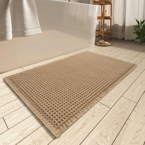 AMOAMI Upgraded Waffle Bath Mat, Super Absorbent Non Slip Bath Mats for Bathroom Floor, Washable Bathroom Rugs with Tassels, Rubber Backed Bathroom Mats, Ultra Soft, 20" x 32", Brown - color: Brown, size: 1'8" x 2'8" (Rectangular)