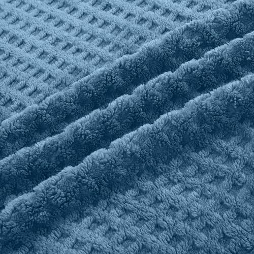 Soft Cozy Fuzzy Fleece Queen Size Blanket, Waffle Slate Blue, 90x90 Inches – Lightweight, Fluffy, and Warm 3D Jacquard All-Season Blanket for Bed, Couch, Sofa, Camping, and Travel - color: Waffle Slate Blue, size: Queen (90" x 90")