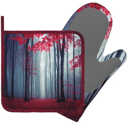 Misty Forest Oven Mitt and Pot Holder with Silicone Woodland Mountain Heat Resistant Kitchen for Cooking BBQ Baking Grilling Cooking Protection - color: Misty Forest