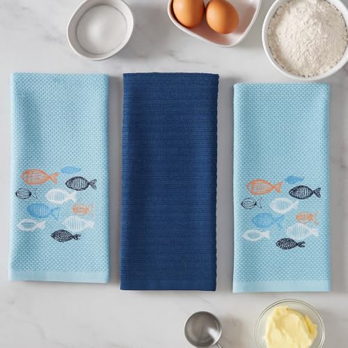 Coastal Kitchen Towels- Set of 3 Blue 100% Cotton Embroidered Whimsical School of Fish Design - 16 x 26 Multipurpose Towels for Everyday Use - color: School of Fish