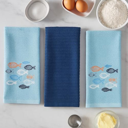 Coastal Kitchen Towels- Set of 3 Blue 100% Cotton Embroidered Whimsical School of Fish Design - 16 x 26 Multipurpose Towels for Everyday Use - color: School of Fish