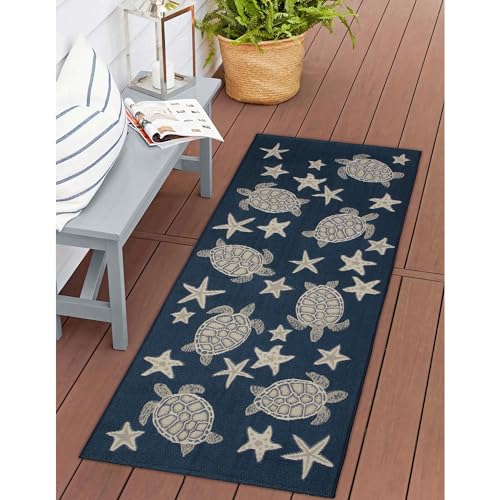 Liora Manne Esencia Machine Washable Non-Slip Low Profile Indoor/Outdoor Mat-Transitional, Coastal, Turtle, Whimsical, Turtle and Stars Navy 1'11" x 4'11" - color: Turtle and Stars Navy, size: 1'11" x 4'11" (Rectangular)