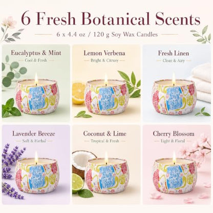 6 Pack Scented Candles Gift Set for Women, Soy Wax Tin Candles, 4 oz Each, 6 Fresh Botanical Scents, Up to 180 Hr Total Burn, Birthday Housewarming Thank You Gifts - size: Large 6-Candle Set (Summer)