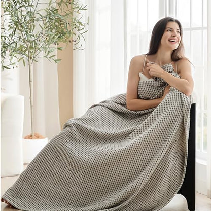 EGOHOME Cotton Two-Tone Check Pattern Waffle Blanket Queen Size | Coffee Bean/White, 90"x90", Lightweight, Soft & Breathable for Bed, Couch, Sofa, All Seasons - color: Coffee Bean/White, size: Queen