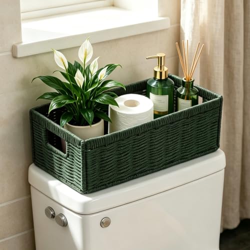 Paper Rope Wicker Baskets with Handles, Toilet Paper Basket for Toilet Tank Top, Small Wicke Baskets for Organizing Shelves (Green-2) - color: Green-2