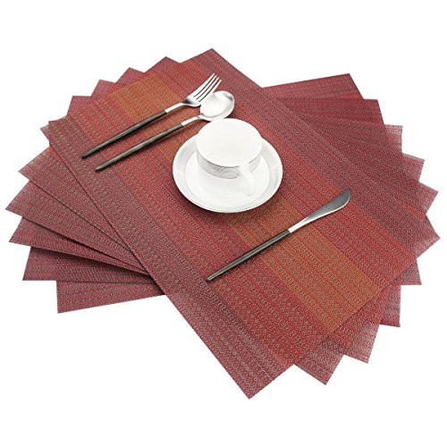 Placemats Washable Easy to Clean PVC Placemat for Kitchen Table Heat-resistand Cross Weave Vinyl Round Table Mats 12x18 inches Set of 6 （Red） - color: Red, size: placemats set of 6