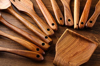 Kitchen Utensils Set, NAYAHOSE 12 Pcs Teak Wooden Cooking Spoons Spatula Spurtles Kit with Spoon Rest Whisk, Non-stick Natural Kitchen Tools - style: 12Pcs Set