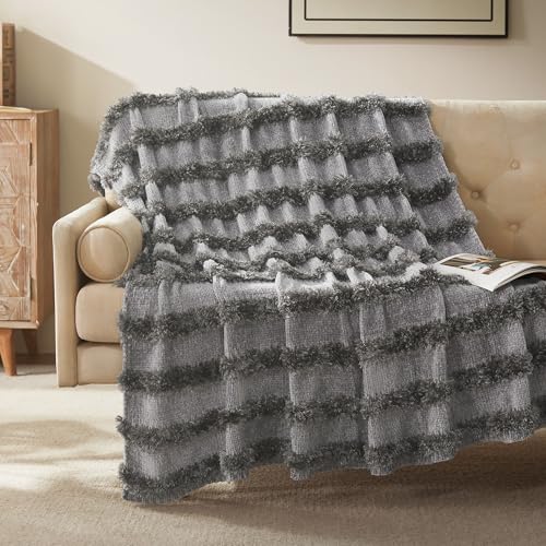SLEEP ZONE Chenille Throw Blanket for Couch, Soft Farmhouse Blankets for Sofa Chair Bed Home Decoration Cozy Knit Blankets 50"x60", Grey - color: Light Grey+dark Grey, size: 50*60