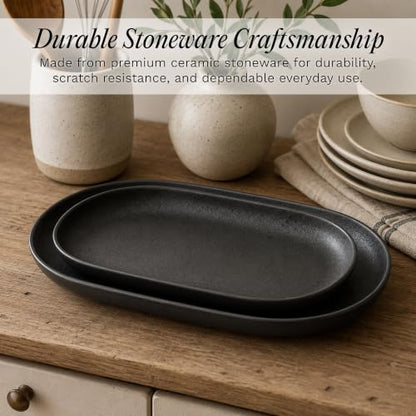 SANGO Anderson Serving Platters Set of 2, 14/12 Inch Stoneware Serving Dishes for Entertaining, Semi-Matte Party Serving Trays for Food, Buffet Oval Platters for Bread, Appetizer, Cheese, Matte Black - color: Black