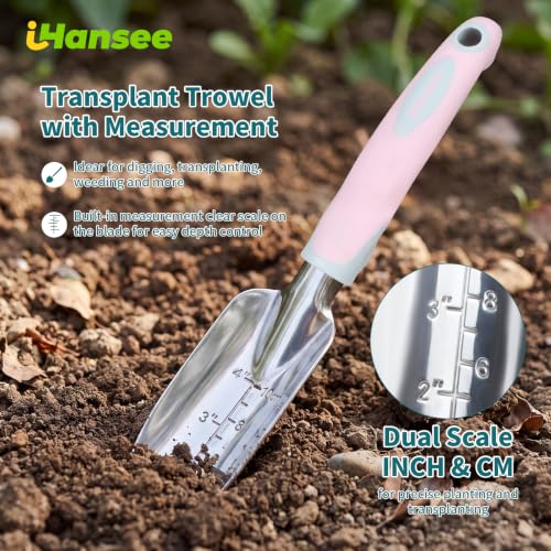 Pink Garden Tool Sets 4-Piece, Aluminum Gardening Hand Tool Kit | Transplant Trowel, Hand Rake, Curved Pruner with Ergonomic Handle, Garden Gloves, Gardening Gift for Mom Women Plant Lover - color: pink-4pcs