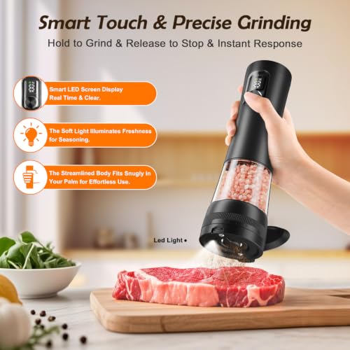 Flelano Electric Salt and Pepper Grinder Set, Automatic Refillable Salt and Pepper Shakers 2-Speed Setting with LED Light and 5 Adjustable Coarseness,Practical and Convenient Kitchen Gadgets,All-Black - color: All-Black