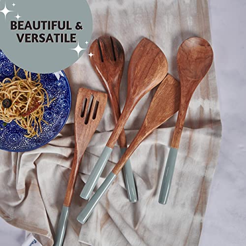 Folkulture Premium Wooden Spoons for Cooking,Kitchen Utensils Set of 5(12") | Premium Acacia Wooden Utensil, Smooth Finish, Non Stick Wooden Cooking Utensils, Kitchen Essentials, Cooking Gifts - color: Gray