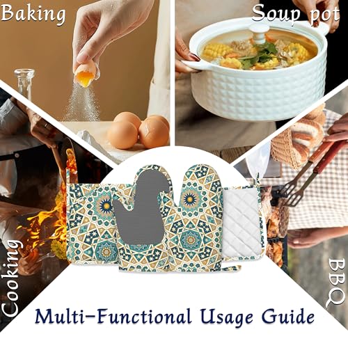 Mandela Geometric Oven Mitts and Pot Holders Sets of 4 Boho Abstract Heat Resistant Silicone Oven Mits Gloves Non-Slip Kitchen Mittens Potholders for Cooking Baking Grilling BBQ - color: Mandela Geometric,boho Abstract