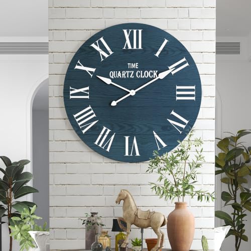 ARTPOWER 35.5” Extra Large Giant Farmhouse Wall Clock, Navy Blue | Oversized, with Big Roman Numeral, Nearly Non-Ticking, Shiplap Wood, for Living Dining Room Decor, Entrance - color: Blue, size: 35.5"W x 35.5"H