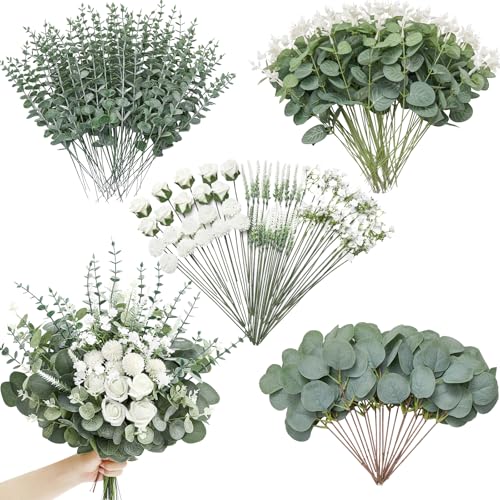 Serwalin 200PCS Mixed Artificial Eucalyptus Stems Bulk with Greenery Leaves | 7 Kinds Faux Silver Dollar Eucalyptus Stems with Flowers for Wedding Centerpieces, Bouquets, DIY Arrangements & Home Decor - color: Green-200pcs
