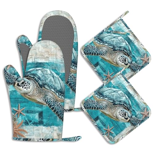 Oven Mitts and Pot Holders Sets Sea Turtle Starfish Silicone Kitchen Mits Potholders Beach Coral Heat Resistant 4Pcs Oven Gloves Hot Pads for Baking Cooking BBQ Grilling Home Decor - color: Sea Turtle Starfish,beach Coral