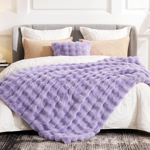 Cozy Bliss Faux Fur Throw Blanket for Couch, Fuzzy Soft Plush Thick Bubble Blanket for Sofa Bedroom Living Room, 60 * 80 Inches Lavender Purple - color: Lavender Purple, size: Twin(60" x 80")