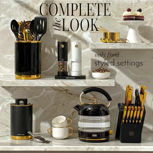 Styled Settings Rechargeable Electric Salt and Pepper Grinder Set | Automatic Salt and Pepper Shaker Set with USB-C Port, LED Light, Adjustable Coarseness, One Touch Control, Stainless Steel - color: Black/White