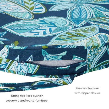 Set of 2 Outdoor 18 inch Round Patio Dining Chair Pads – Comfortable Fiber-Filled Seat Cushions with Ties, Reversible Polyester Fabric, Botanical Crestwood - color: Botanical Crestwood