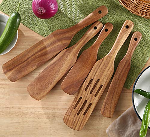 MESSON Wooden Spatulas Set of 5, Teak Wood Spurtles for Nonstick Cookware | Teak Wood, Heat Resistant, Lightweight, Nonstick Safe, for Instant Pot Baking & Stirring, Easy Grip Handle with Hanging Hole