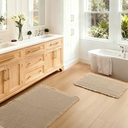 JIUZHEN Set of 2 Waffle Bath Mats Boho Non Slip Bath Rugs Washable Bathroom Rugs Super Absorbent Waffle Mats Ultra Soft Fast Drying Mat for Bathroom Floor, Tub, 16" x 24" +20" x 32", Brown - color: Brown, size: 16"x24" + 20"x32"