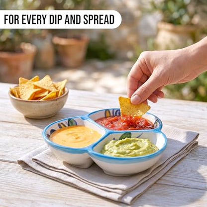 3-Compartment Ceramic Serving Dish, Handmade in Spain | 7.5” divided chip and dip bowl with lead-free glaze, microwave, oven and dishwasher safe, ideal for tapas, snacks and sauces - color: Blue Daisy