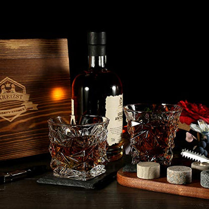 Whiskey Stones Gift Set, 2 Large Crystal Whiskey Glasses in Wood Gifts Box | 6 Granite Scotch Chilling Rocks, Tongs & Velvet Pouch, Best Gifts for Men Dad Husband Him Christmas Birthday Holiday Present - style: Diamond Glasses+Round Stones