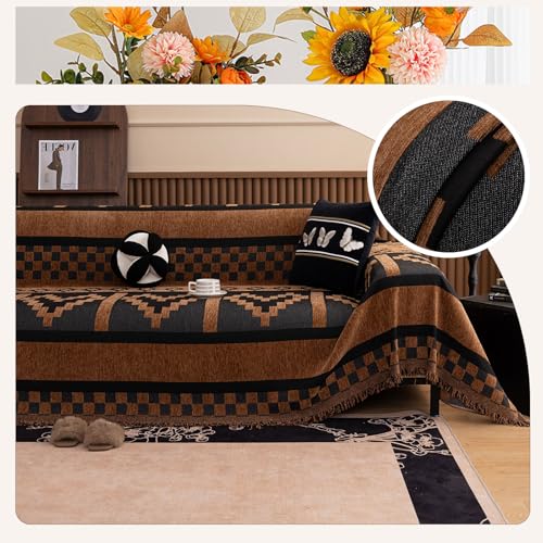 ROOMLIFE Dark Brown Couch Cover 3 Cushion Sofa, Washable Non Slip Furniture Sofa Protector Cover, Soft Chenille Sofa Slipcovers Sectional L Shape Dogs Couch Cover Throw Blanket with Tassels71''X118'' - color: Yd#brown, size: Large（71*118IN）