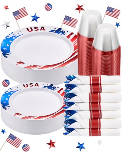 350 Piece 4th of July Red Blue Plastic Dinnerware Set | Disposable Dinnerware Includes: 100 Plates, 50 Pre Rolled Napkins with Silverware, 50 Cups - color: Blue, style: 350 Piece (50 guests)