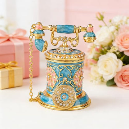 Retro Telephone Trinket Boxes Mini Enamel Jewelry Box for Women Girls Ring Pendant Storage Organizer with Hinged Lid (Blue) - color: Blue
