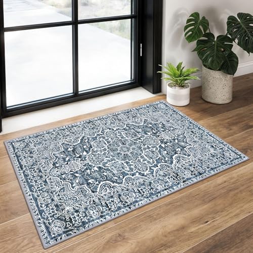KUTA Entryway Rugs Indoor Washable Small Area Rug 2x3 Blue Entrance Carpet | Non-Slip, Non-Shedding, Low Pile, Easy Clean Throw Rug for Entrance, Front Door, Bathroom, Bedside, Laundry, Small Spaces - color: Blue Floral, size: 2' x 3' (Rectangular)