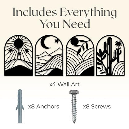 GALLERY GRACE Metal Wall Art Decor – 11" x 16", 4Pc Single Line Abstract Wall Art for Living Room, Bedroom, Office – Boho Minimalist Black Wall Decor Featuring Sun, Moon, Landscape & Desert Panels | 11 x 16 In Panels, Sun, Moon, Landscape and Desert Desig