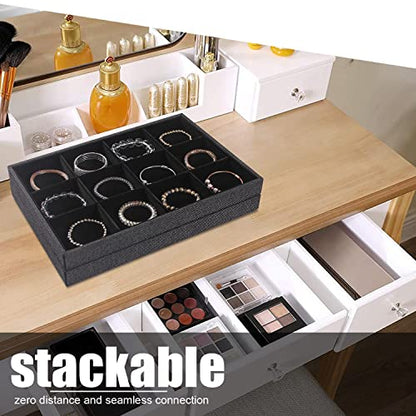 Julysky 2Pcs 12 Grids Stackable Jewelry Organizer Trays for Drawer,Bracelet Holder Box,Necklace Display Stand for Selling - size: 12 Grid Tray + 12 Grid Tray