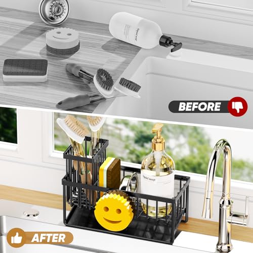 Sponge Holder for Kitchen Sink,Smiley Face Sink Caddy with Removable Brush Holder,Self-Draining Sponge Caddy for Sponge,Soap,Dish Brush,Scrubber,Kitchen Essentials and Gadgets - color: 1 Tier Black