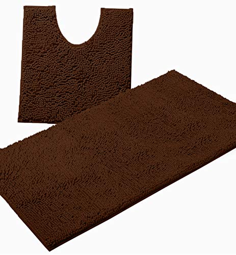 Bathroom Rugs Sets 2 Piece, Luxury Chenille Bath Mat Set, Soft Plush Anti-Slip Bath Rug + U-Shaped Toilet Mat. Microfiber Shaggy Carpet, Super Absorbent (24” x 36” & 20” x 24” U, Brown) - color: Brown, size: 2 Piece Set - Large