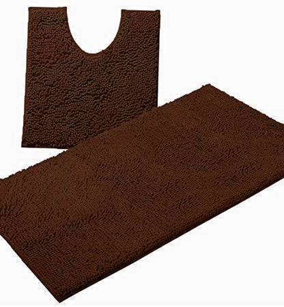 Bathroom Rugs Sets 2 Piece, Luxury Chenille Bath Mat Set, Soft Plush Anti-Slip Bath Rug + U-Shaped Toilet Mat. Microfiber Shaggy Carpet, Super Absorbent (24” x 36” & 20” x 24” U, Brown) - color: Brown, size: 2 Piece Set - Large