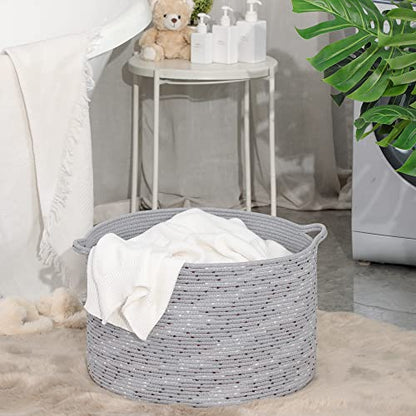 KAKAMAY Large Blanket Basket (20"x13"),Woven Baskets for storage Baby Laundry Hamper, Cotton Rope Blanket Basket for Living Room, Laundry, Nursery, Pillows, Grey with Blue & Brown Dotted | Extra Large Capacity | Natural Cotton Rope | Blanket Storage | Wov