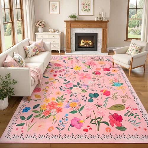 ISEAU Pink Rug for Bedroom 4x6 Area Rugs for Kids Room Dorm Rug, Non Slip | Floral Rug with Non-Slip Botton, Low-Pile and Washable Indoor Carpet for Playroom Nursery Dining Room Dorm Decor - color: Pink, size: 4ftx6ft