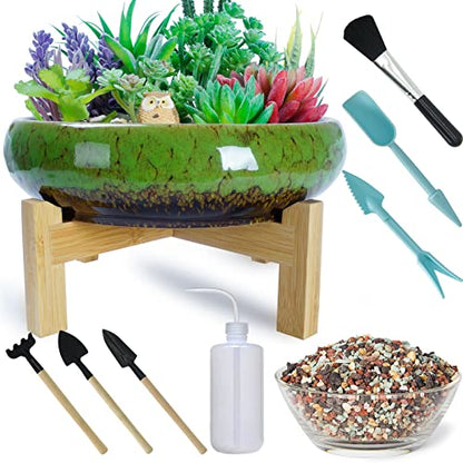 ARTKETTY Large Succulent Pots with Drainage 10 inch Succulent Planters with Planting Tools Set & 2.2lb Mix Pebbles - Ceramic Bonsai Pot for Indoor Succulent Plants Cactus Flower Planter - color: Green With Mix Lava Rock Pebbles