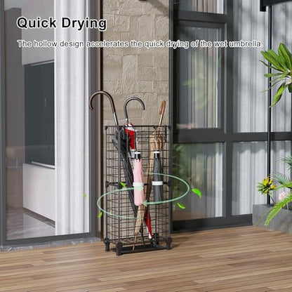 AWTATOS Umbrella Holder Entryway, Umbrella Stand Freestanding, Black | Metal Square Umbrella Rack Organizer with a Removable Drip Tray, Hooks - color: Black