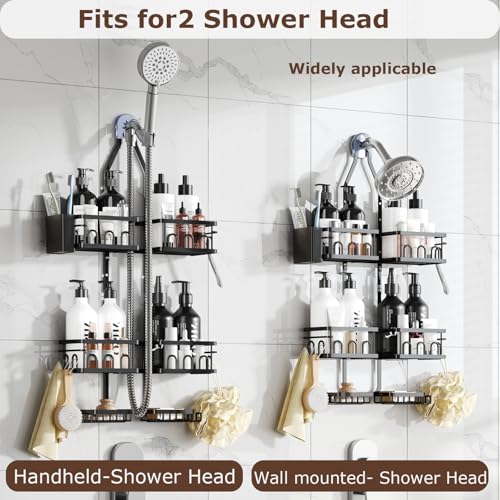 Adjustable Shower Caddy Hanging Rustproof Shower Caddy Shower Organizer for Over Handheld or Fixed Shower Heads with Hooks Soap Holder Toothbrush Holder