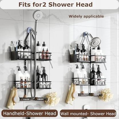 Adjustable Shower Caddy Hanging Rustproof Shower Caddy Shower Organizer for Over Handheld or Fixed Shower Heads with Hooks Soap Holder Toothbrush Holder