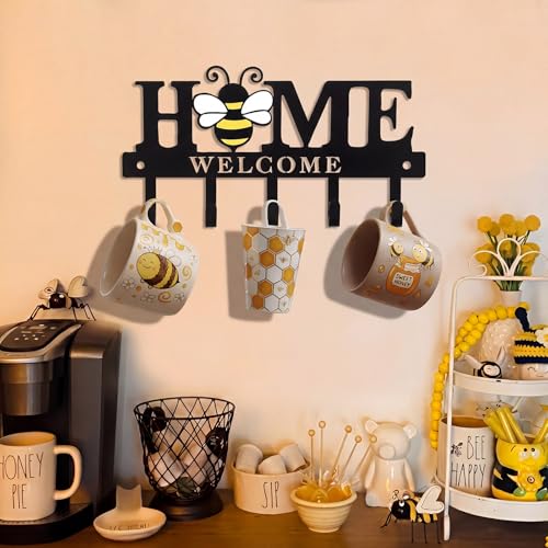 Key Holder Wall Mount Bee Metal Key Hooks Organizer Hanger Coat Rack with 5 Hooks Rustic Farmhouse Decorative Welcome Home Wall Decor for Entryway Bathroom Hallway Living Room 9.8 Inch - style: Bee