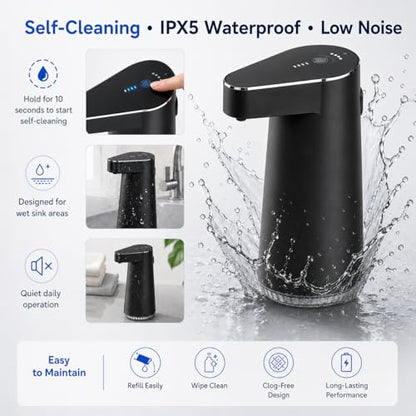 Automatic-Soap-Dispenser, 300ml Touchless Soap Dispenser with USB-C Rechargeable 1200mAh Battery, 4 Adjustable Levels, IPX5 Waterproof Liquid Soap Dispenser for Bathroom Kitchen Office, Black