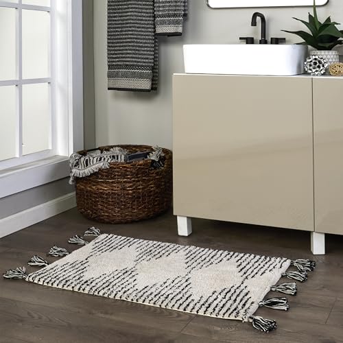 SKL Home Geo Diamond Bath Rug with Tassels, Anti-Slip, 20" x 30", Tan | 100% Cotton with Latex backing. Plush & absorbent. Modern boho design works in the bathroom, kitchen or any space. - color: Geo Diamond, Tan, style: Rug