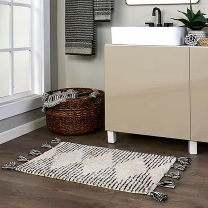 SKL Home Geo Diamond Bath Rug with Tassels, Anti-Slip, 20" x 30", Tan | 100% Cotton with Latex backing. Plush & absorbent. Modern boho design works in the bathroom, kitchen or any space. - color: Geo Diamond, Tan, style: Rug